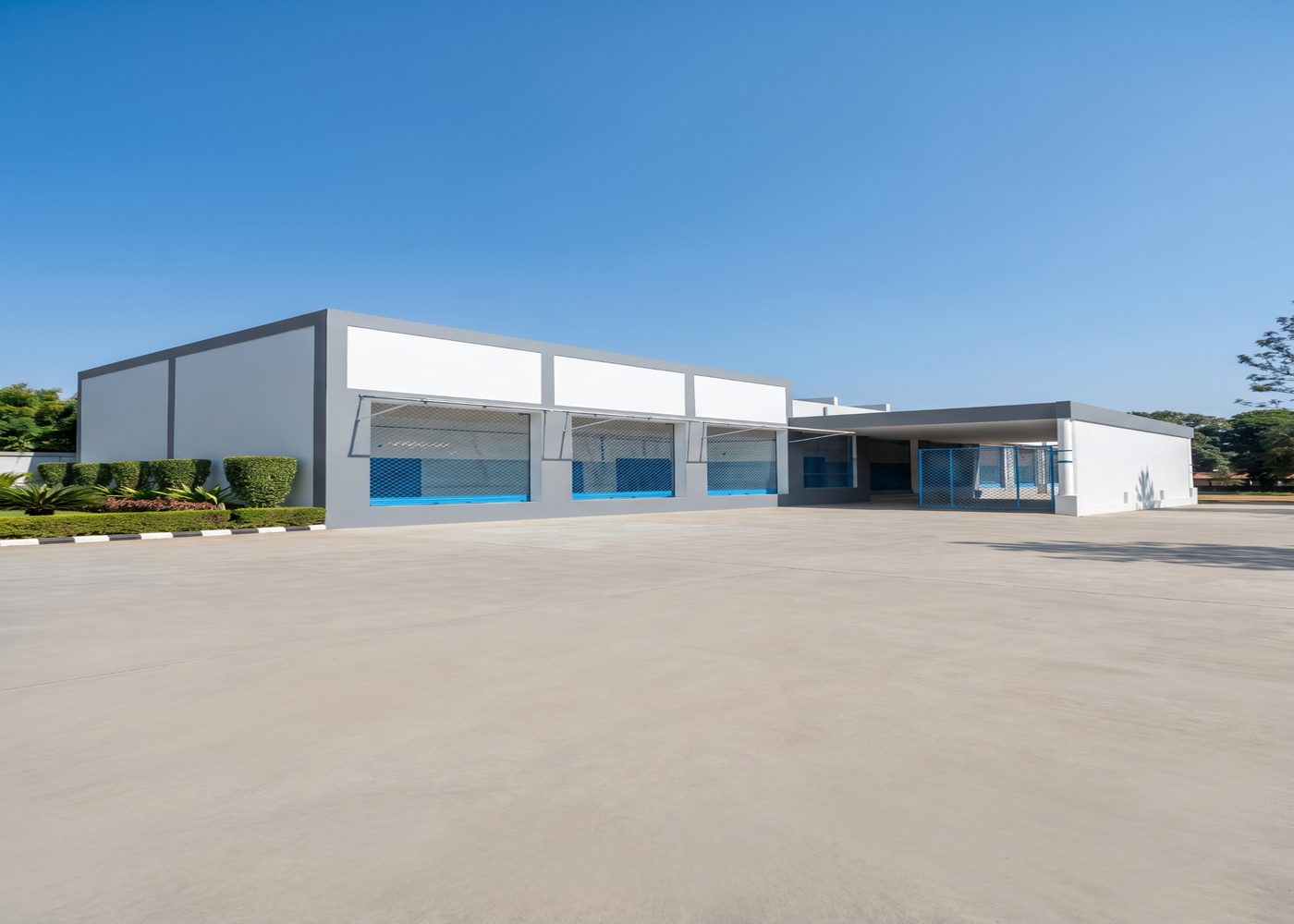 Clean front court and warehouse facade